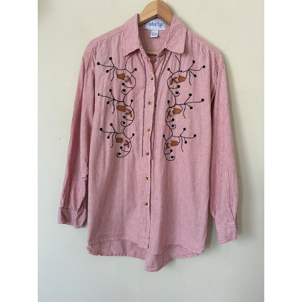 Radical Rags Red White Striped Floral Embroidered Cotton Button Down boho L